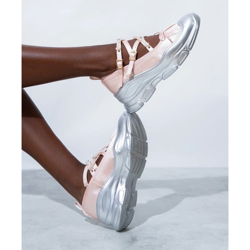 Double Standard Pink Satin Pearl Embellished Chunky Ballet Sneaker Sz 10/41
